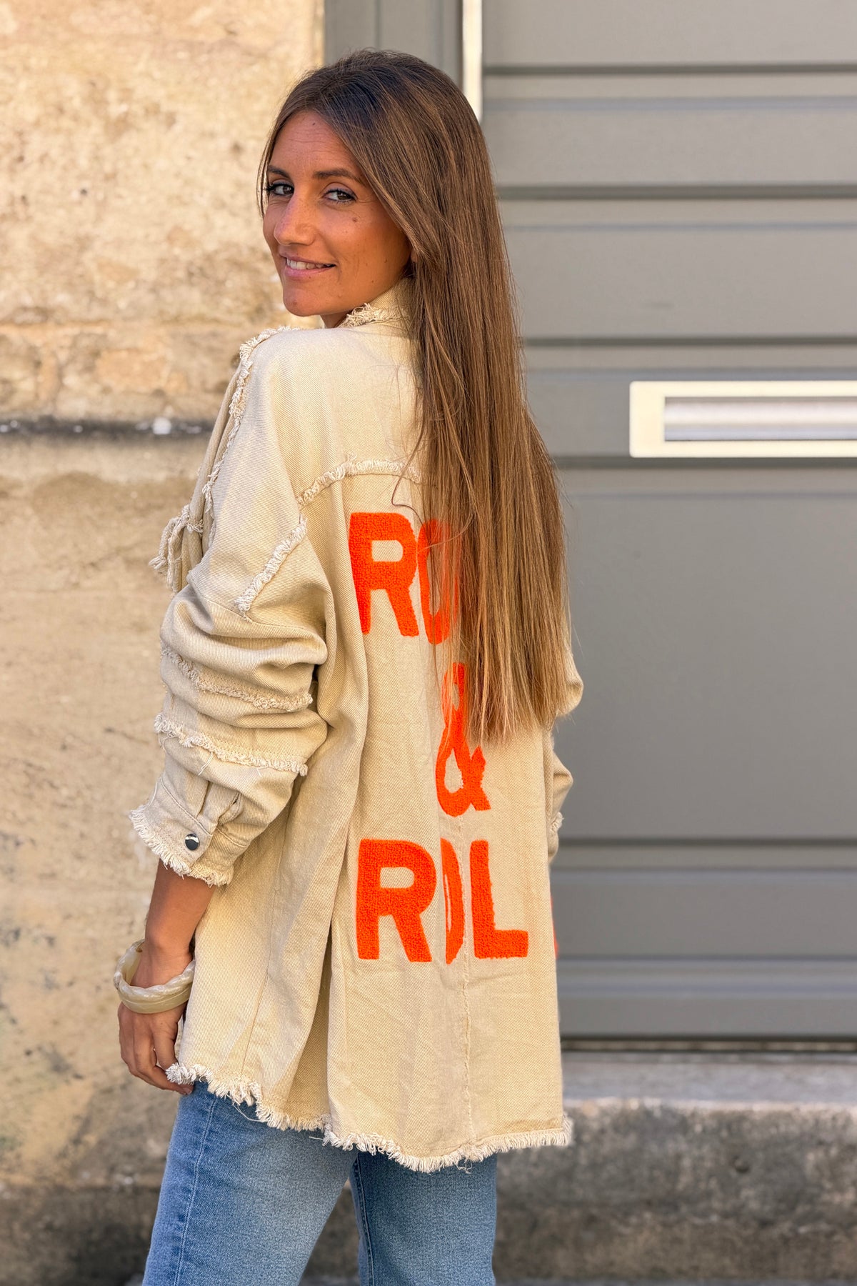 Beige denim oversized jacket 'ROCK AND ROLL' in Orange with raw seams
