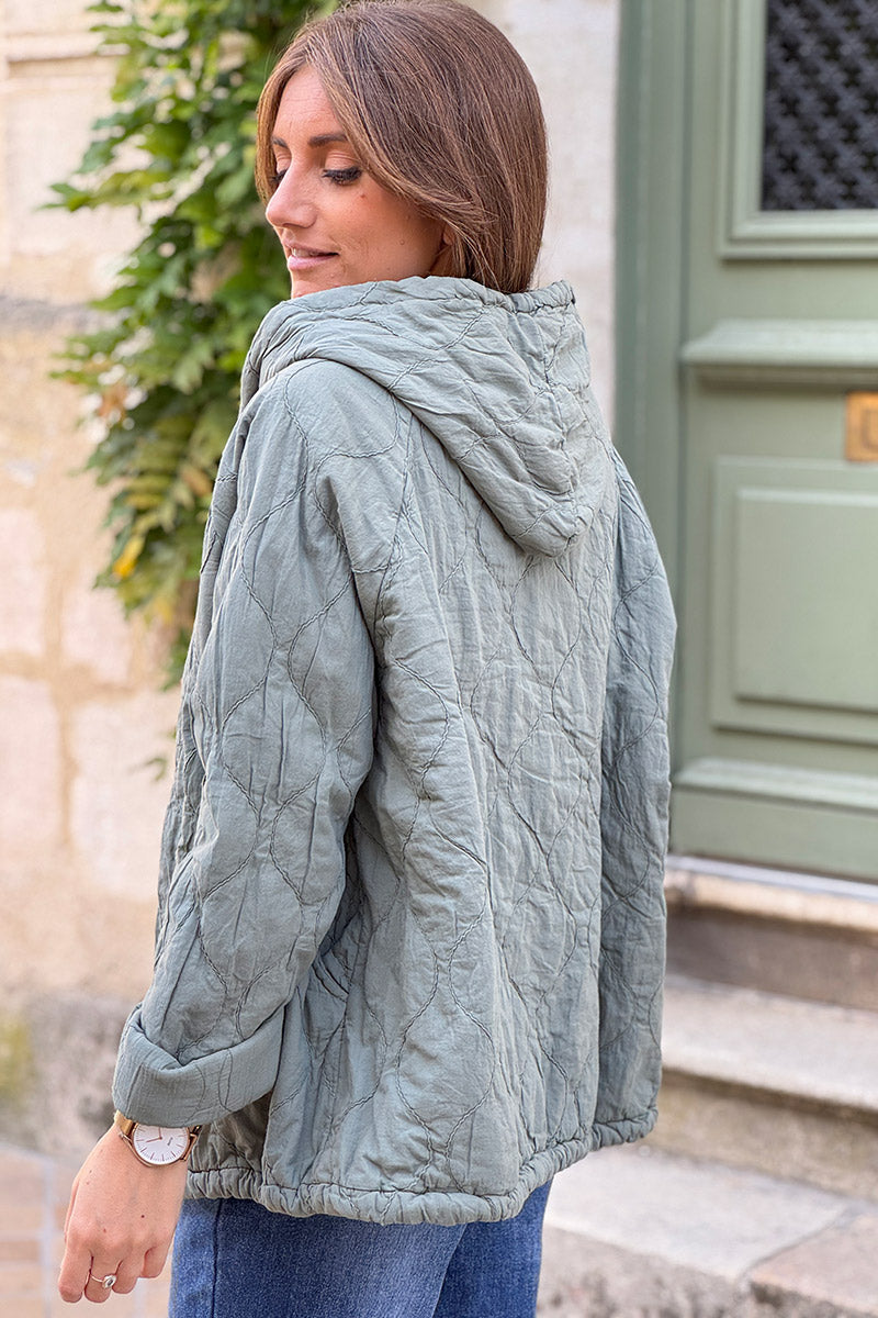 Olive Quilted Cotton Zip-Up Hoodie
