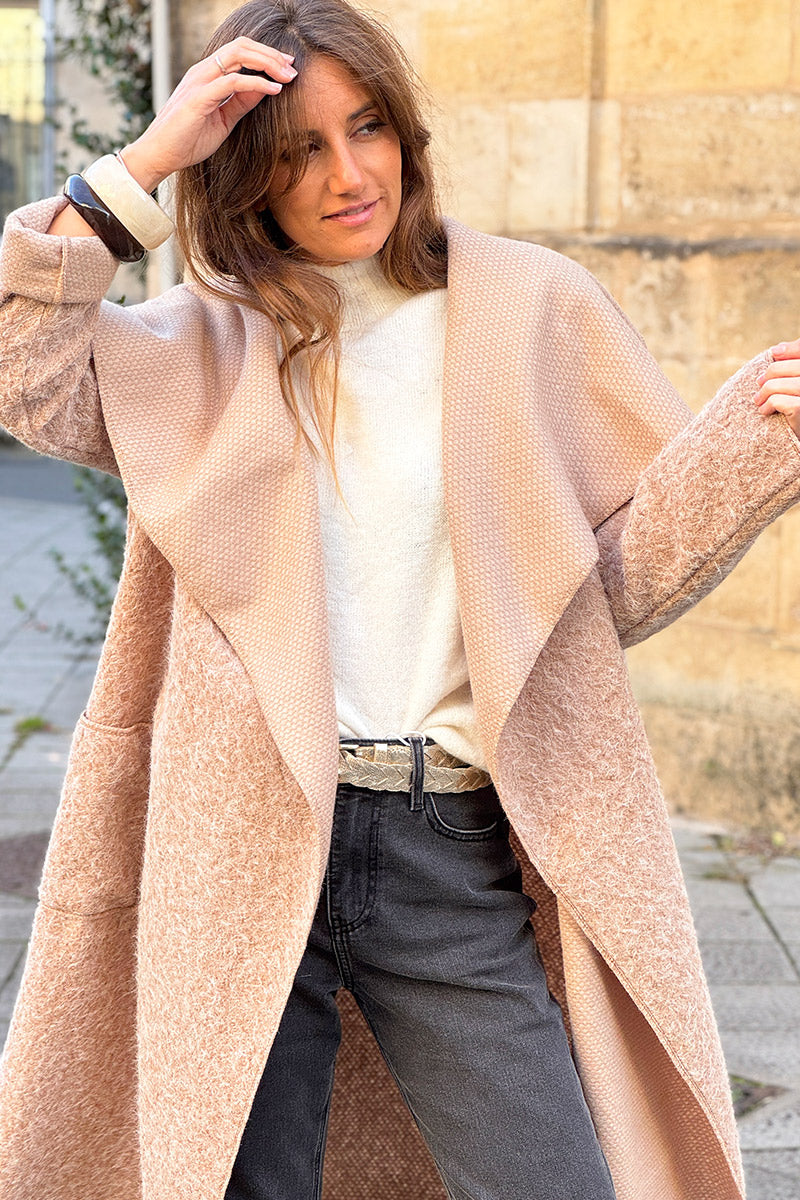 Veste manteau beige en laine bouillie avec rabat