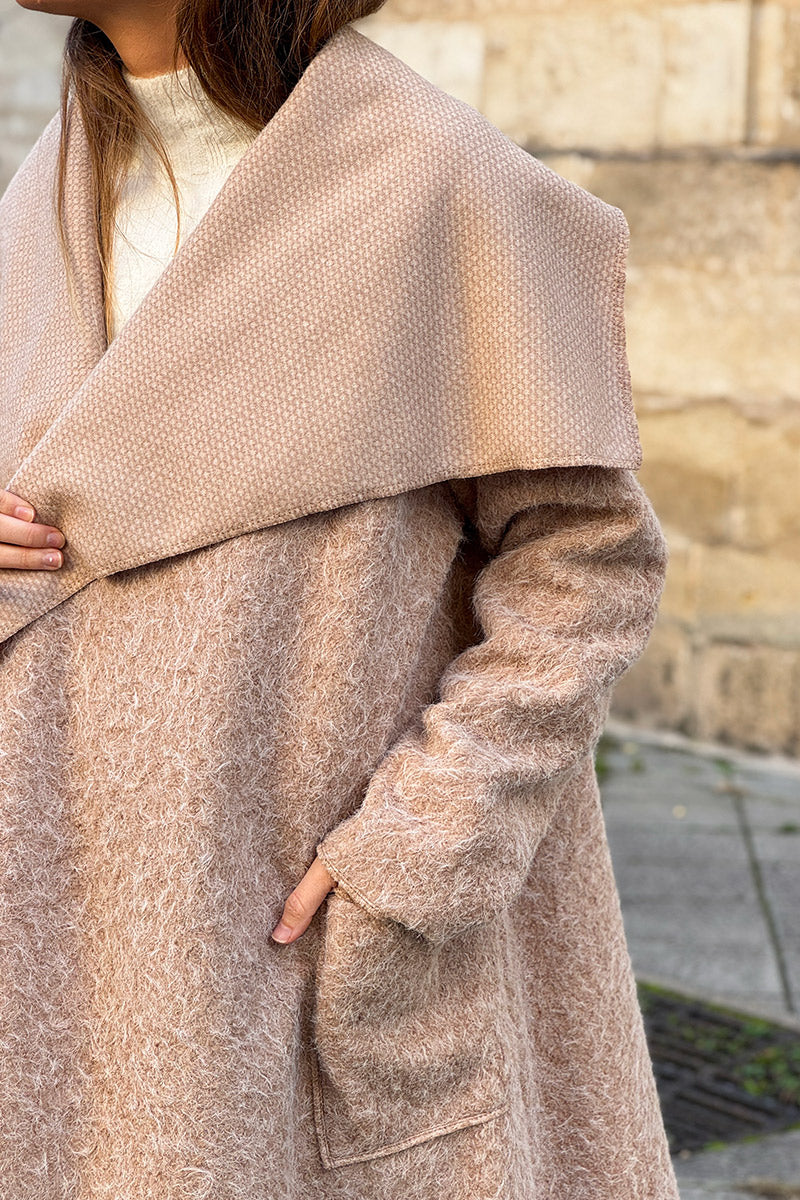 Veste manteau beige en laine bouillie avec rabat