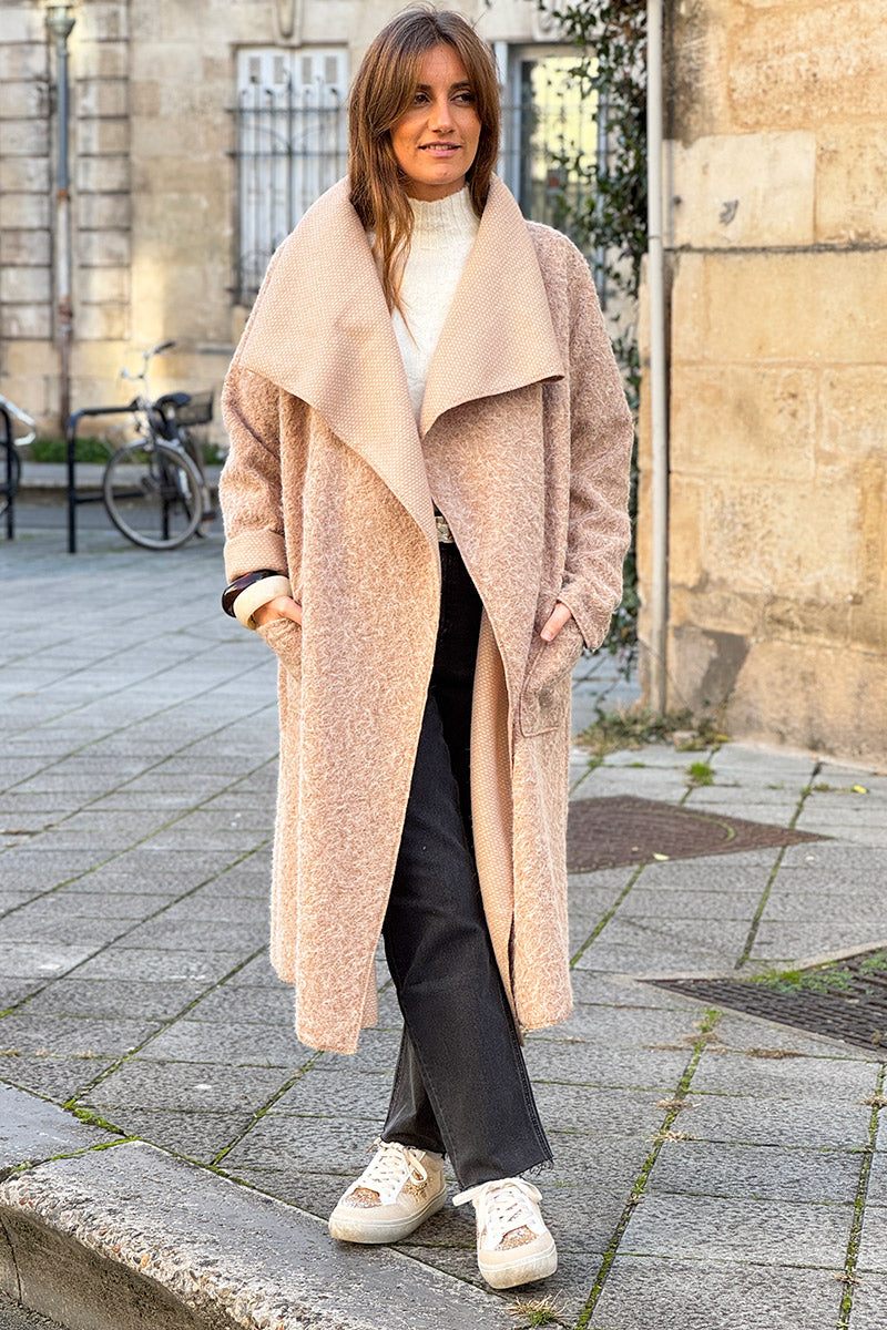 Veste manteau beige en laine bouillie avec rabat