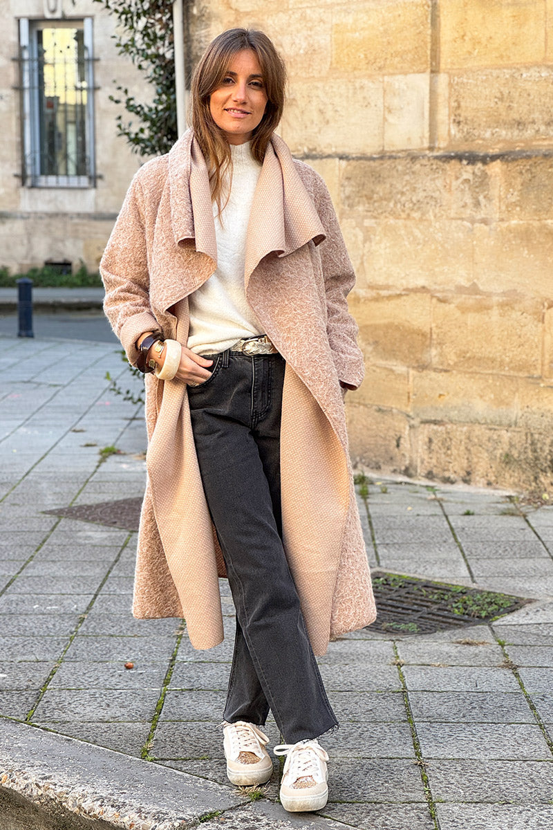 Veste manteau beige en laine bouillie avec rabat
