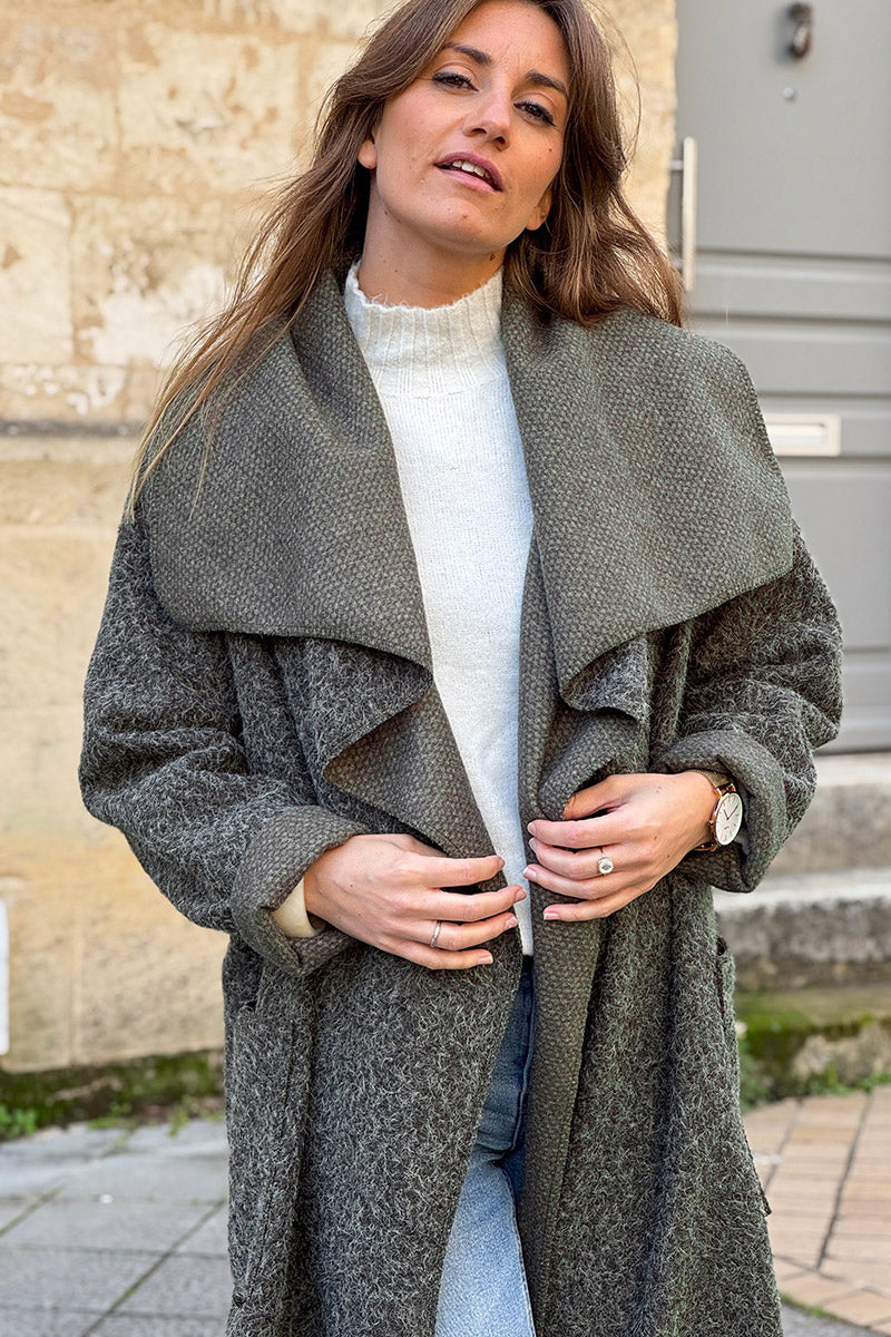 Olive Brushed Wool Drape Front Duster