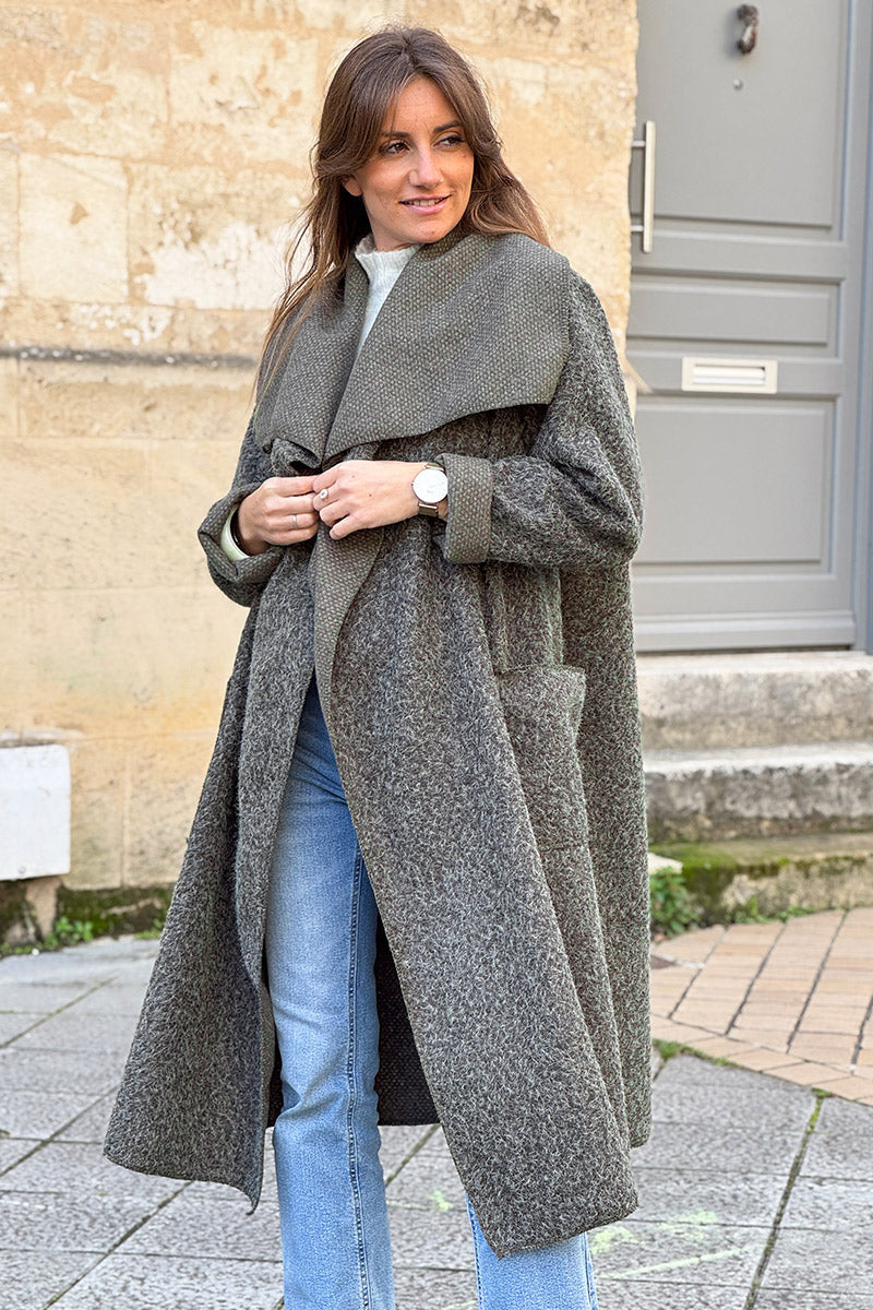 Olive Brushed Wool Drape Front Duster