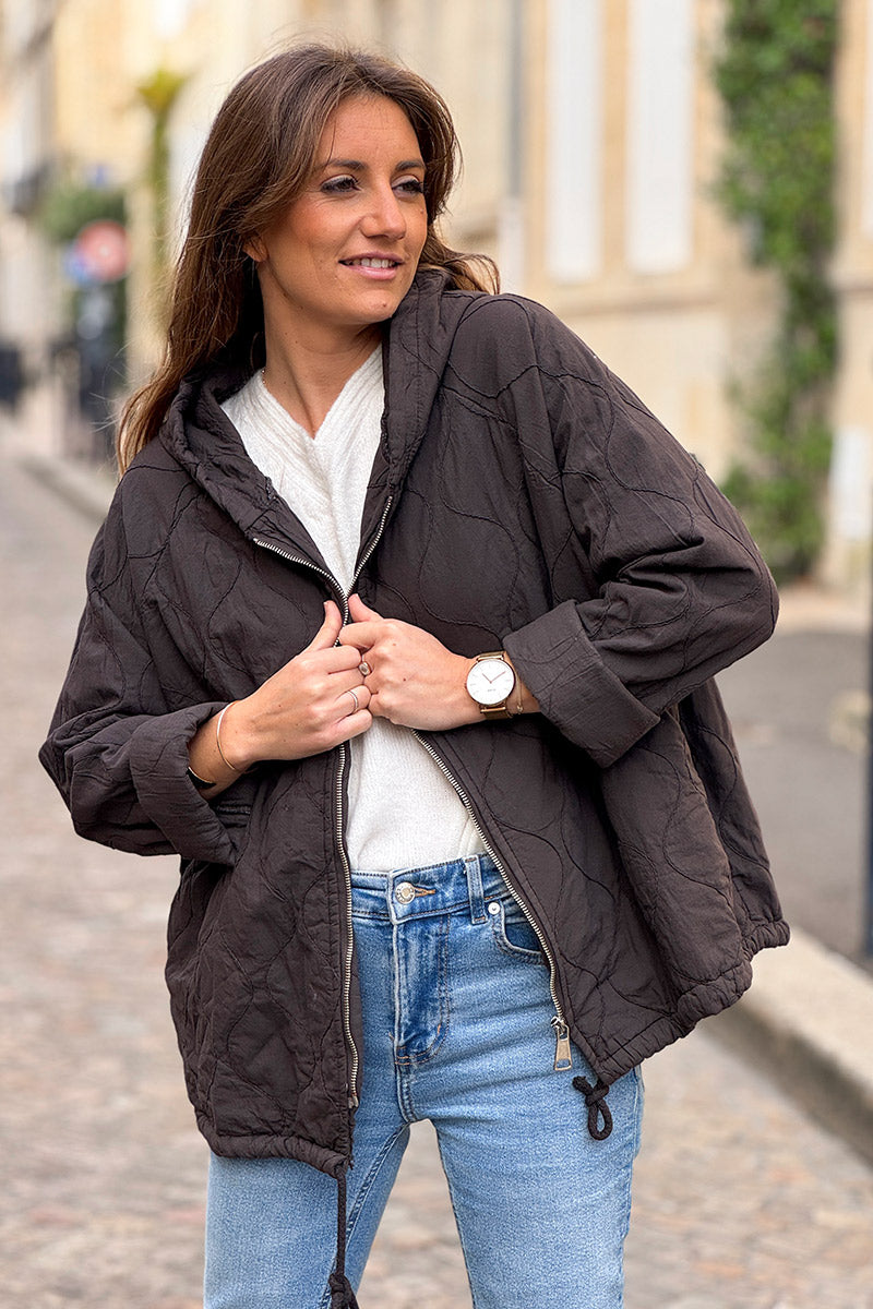 Brown Quilted Cotton Zip-Up Hoodie