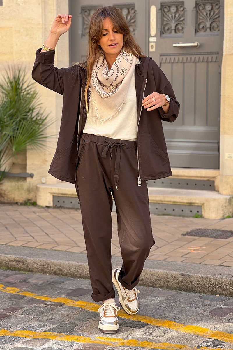 Brown Chocolate Satin Stripe Stretch Knit Zip Hoodie