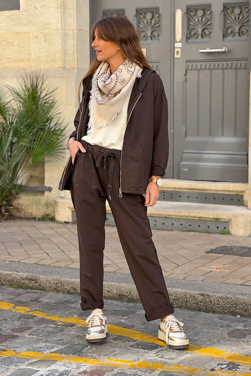 Brown Chocolate Satin Stripe Stretch Knit Zip Hoodie