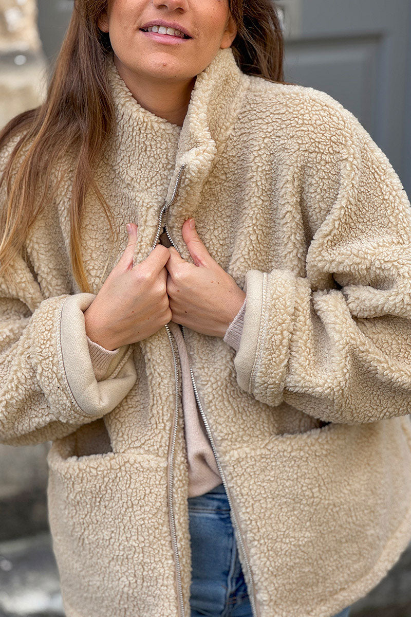 Beige Sherpa Zip-Up Jacket