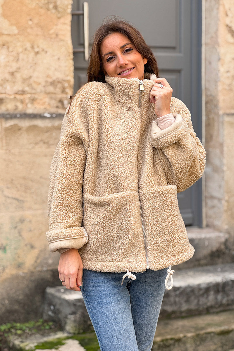 Beige Sherpa Zip-Up Jacket