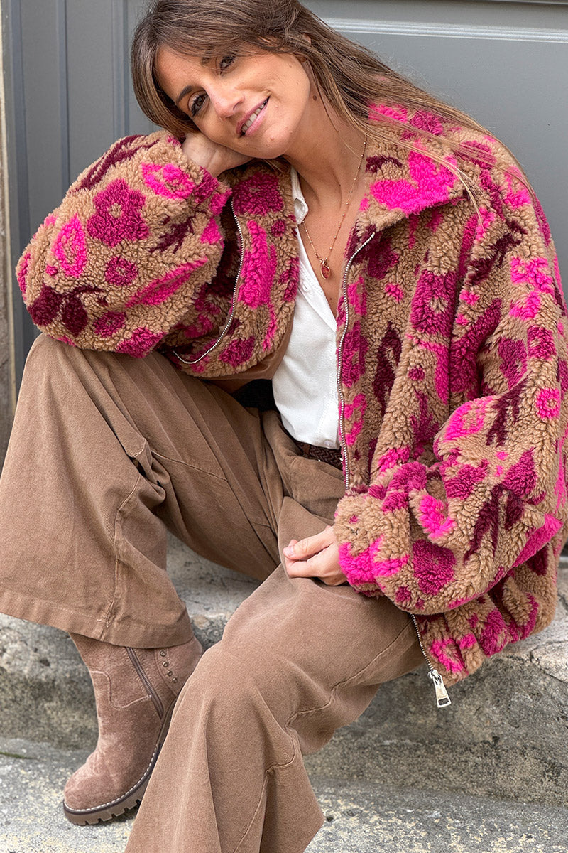 Camel and Burgundy Floral Fleece Jacket