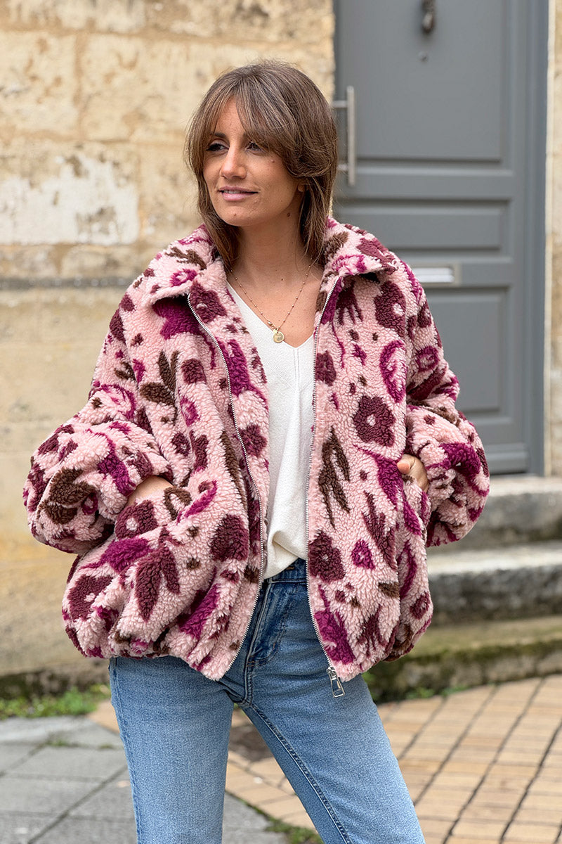 Burgundy and Light Pink Floral Fleece Jacket