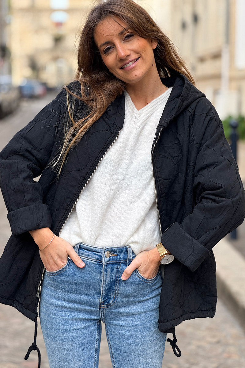 Black Quilted Cotton Zip-Up Hoodie