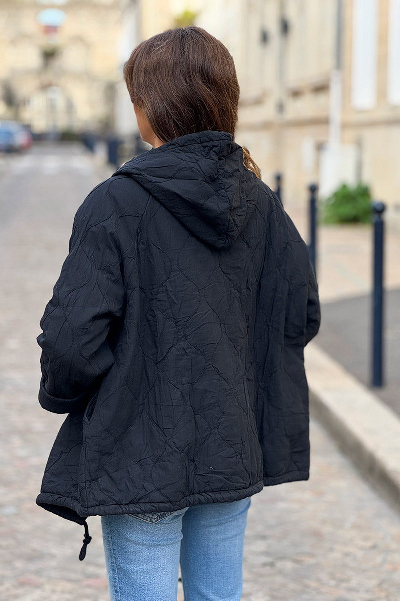 Black Quilted Cotton Zip-Up Hoodie