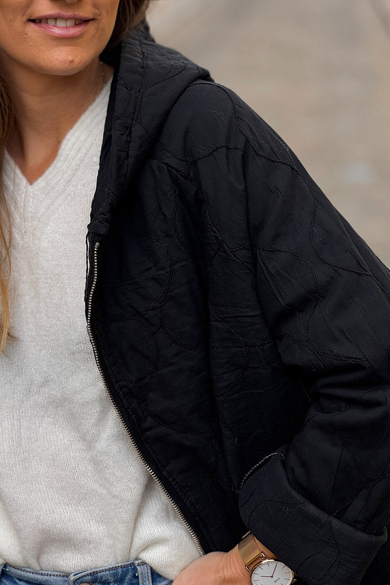 Black Quilted Cotton Zip-Up Hoodie