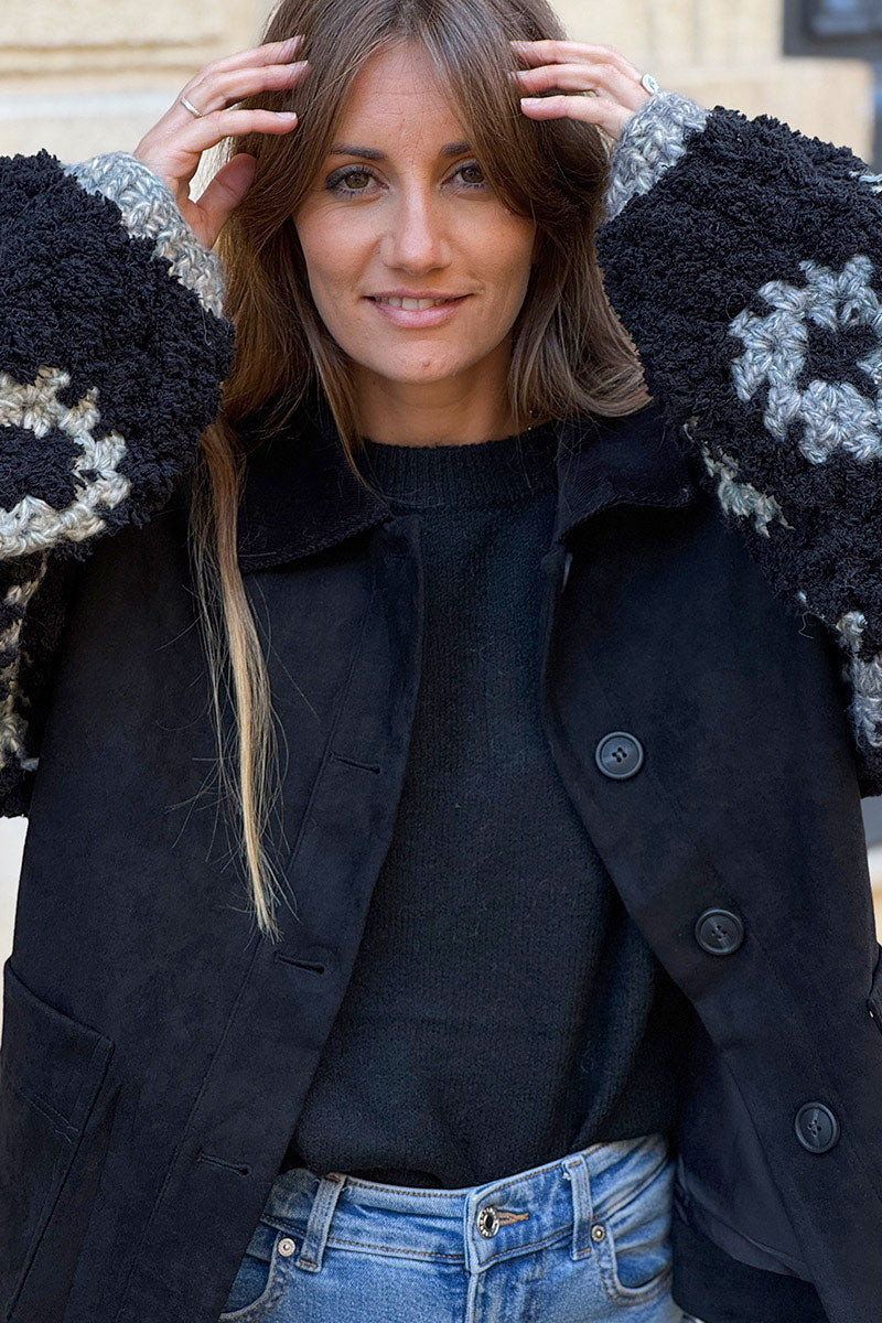 Veste noire en suédine souple manches longue en maille chenille et laine à motifs gris
