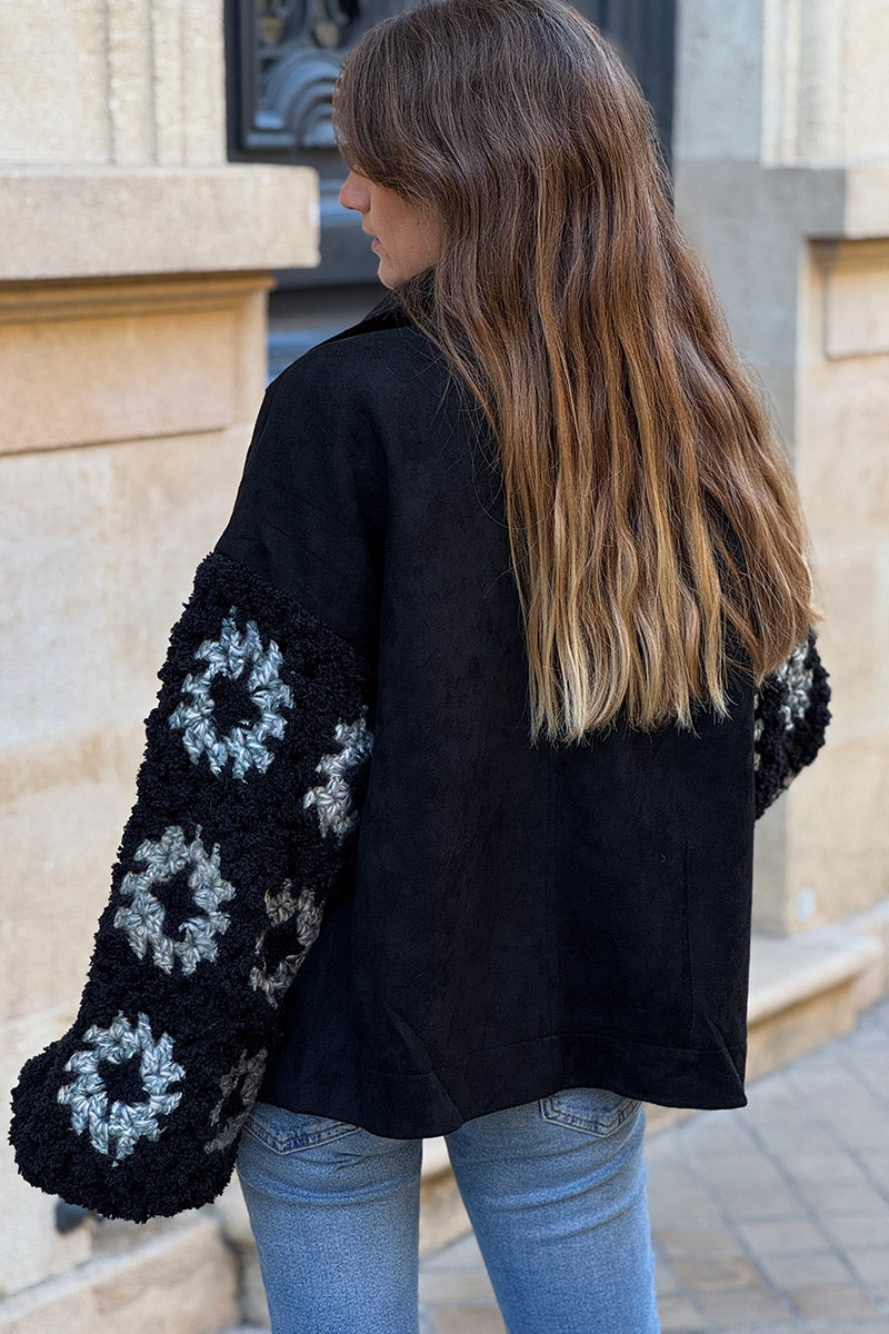 Veste noire en suédine souple manches longue en maille chenille et laine à motifs gris