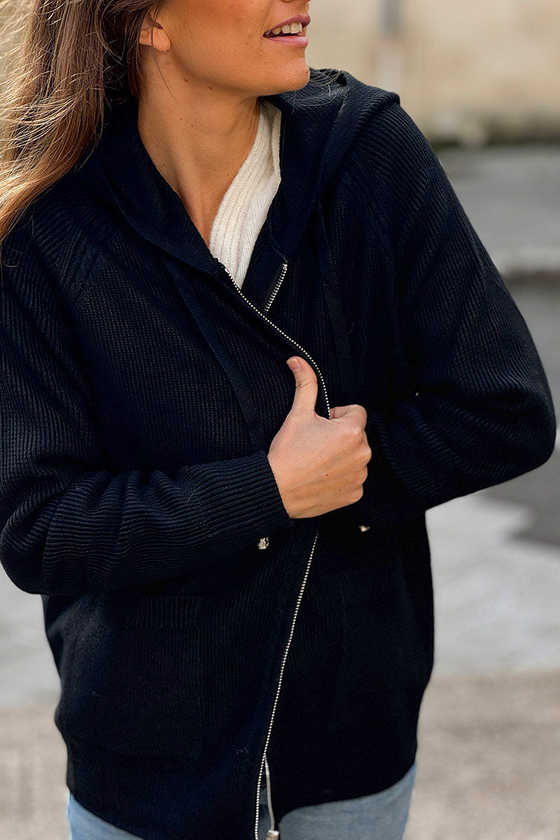 Black Sweater Knit Zip-Up Hoodie