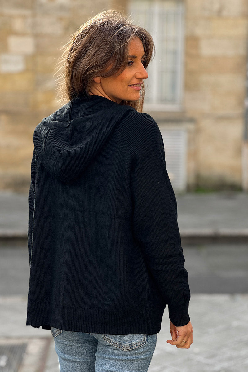 Black Sweater Knit Zip-Up Hoodie