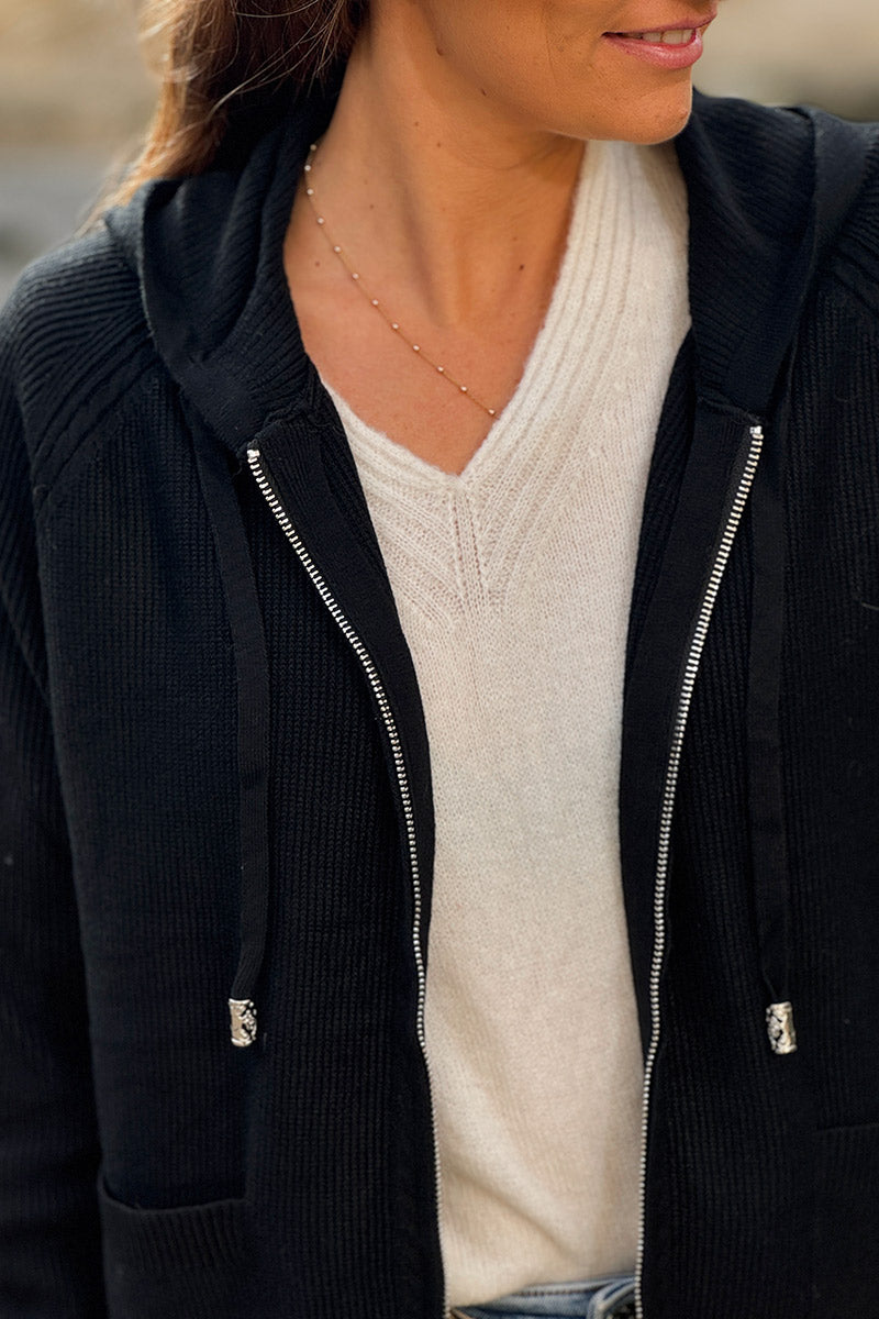 Black Sweater Knit Zip-Up Hoodie