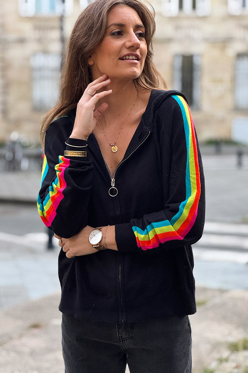 Black Rainbow Stripe Zippered Hoodie