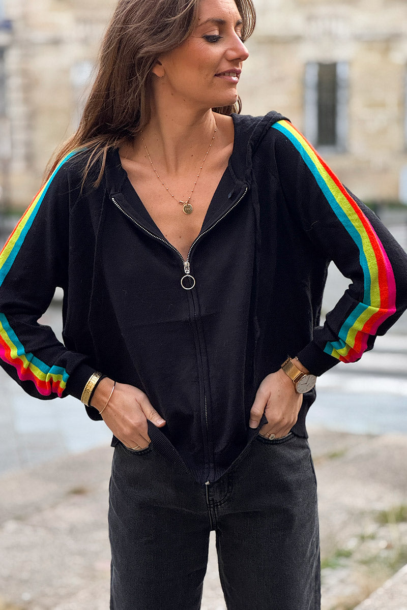 Black Rainbow Stripe Zippered Hoodie
