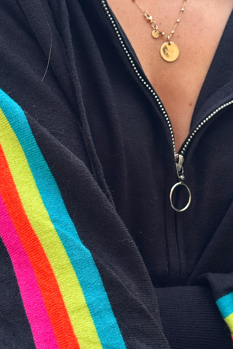 Black Rainbow Stripe Zippered Hoodie