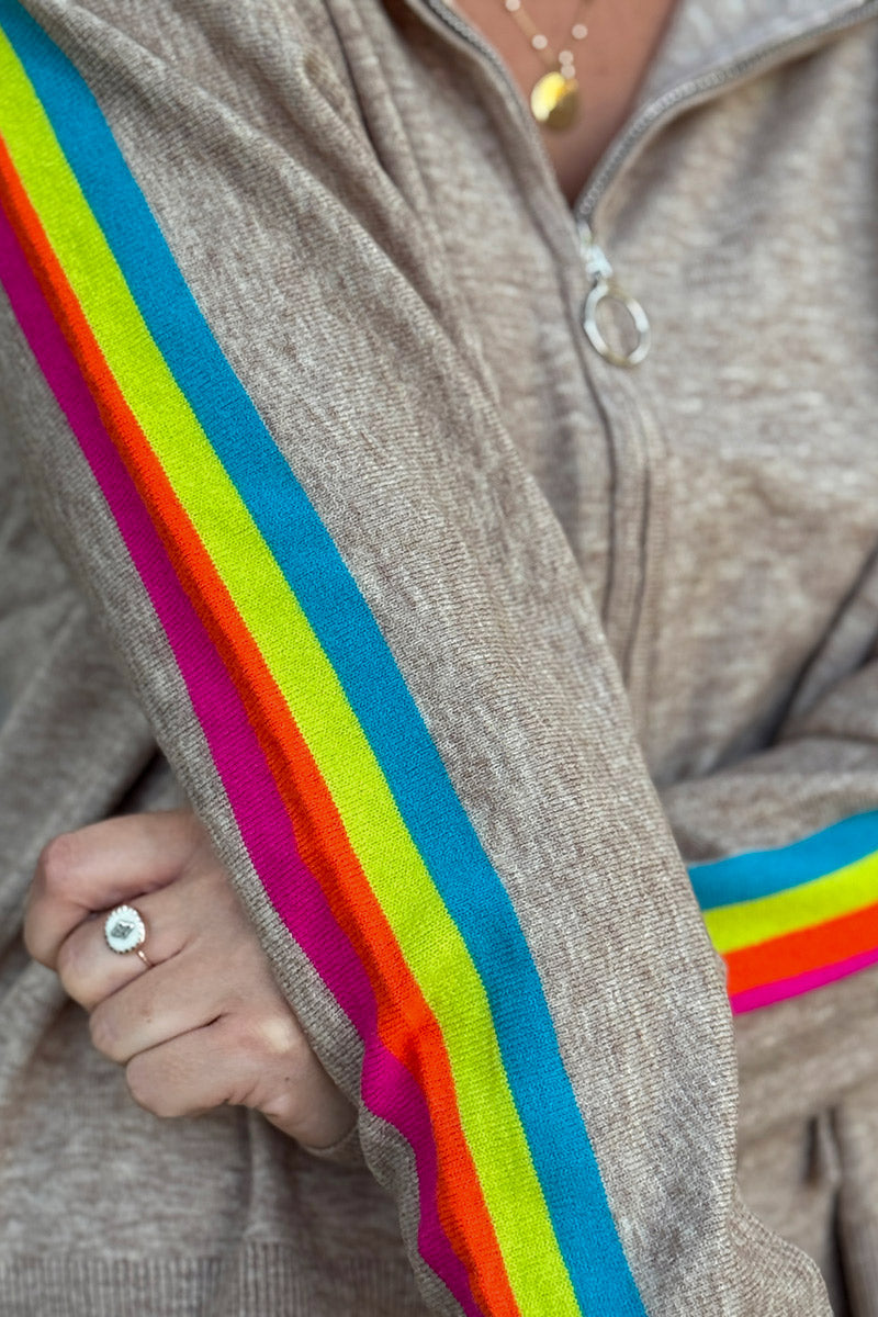 Taupe Rainbow Stripe Zippered Hoodie