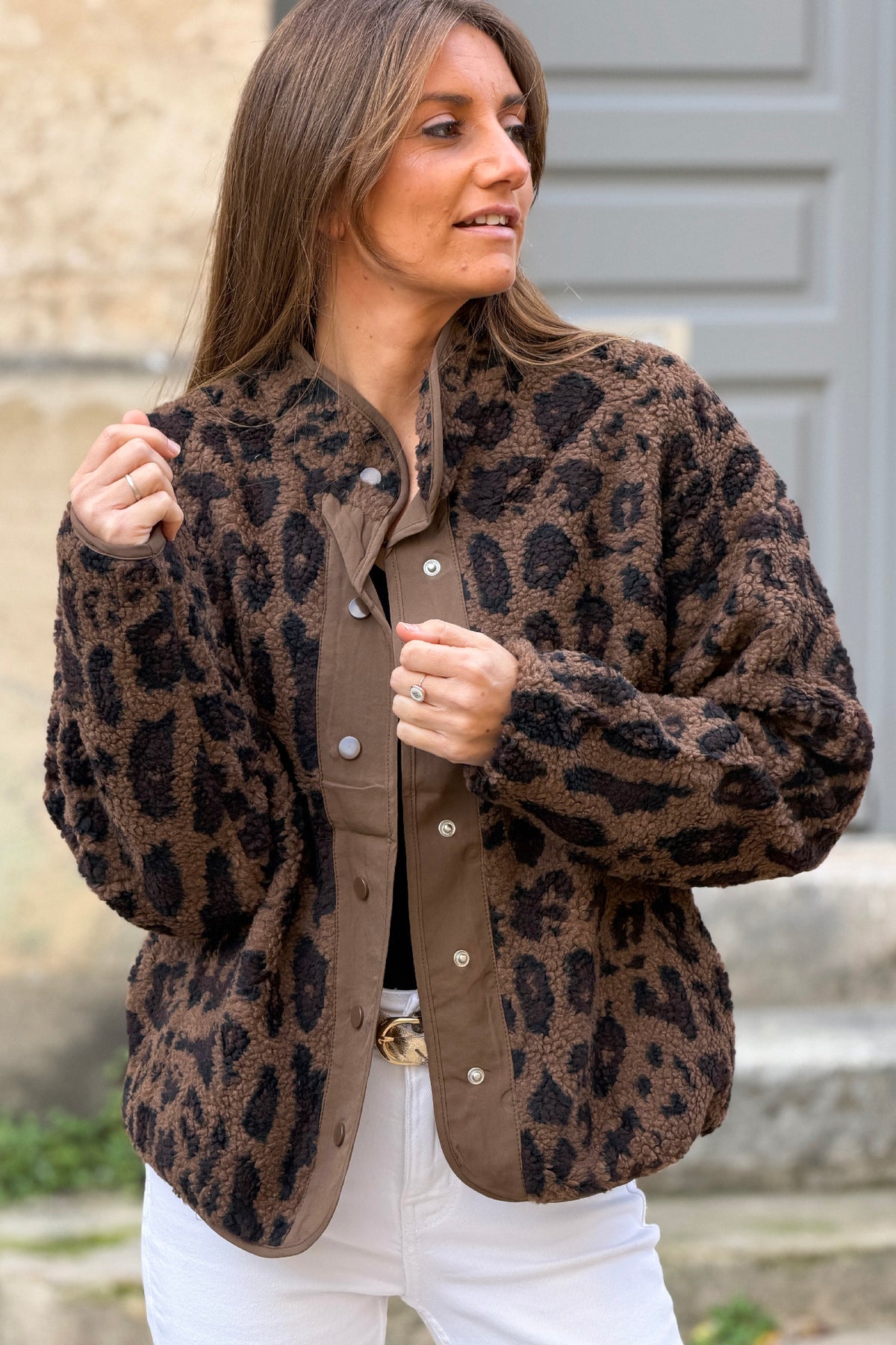Veste polaire léopard double à boutons