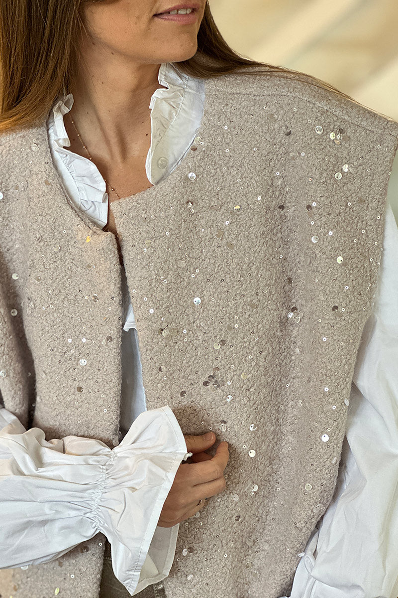 Beige Sequined Boucle Knit Vest