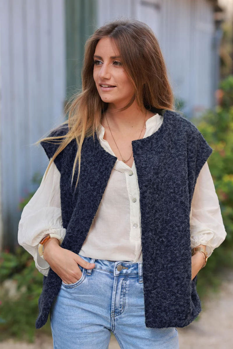 Veste sans manches bleu marine en feutrine façon laine bouillie avec poches
