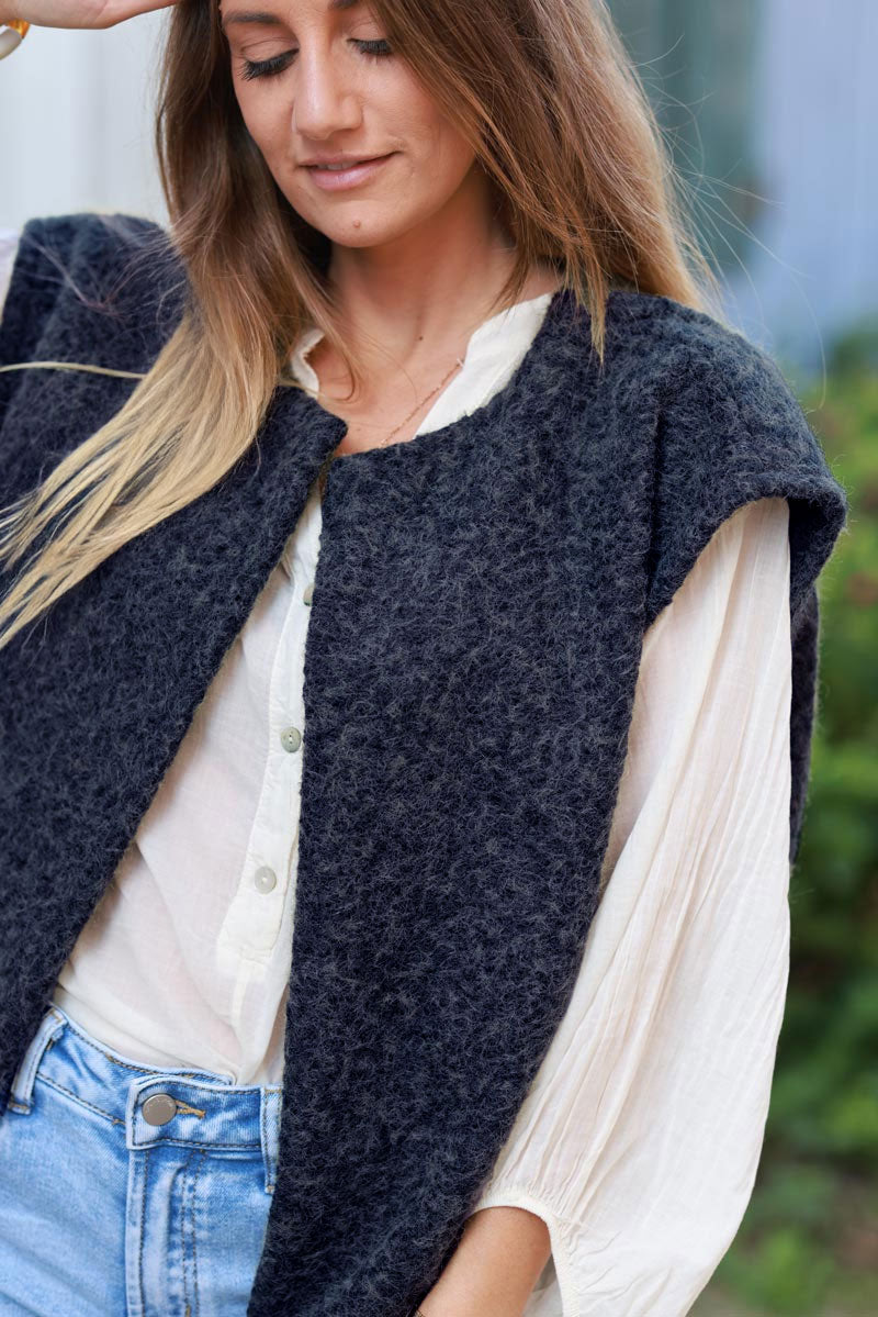 Veste sans manches bleu marine en feutrine façon laine bouillie avec poches