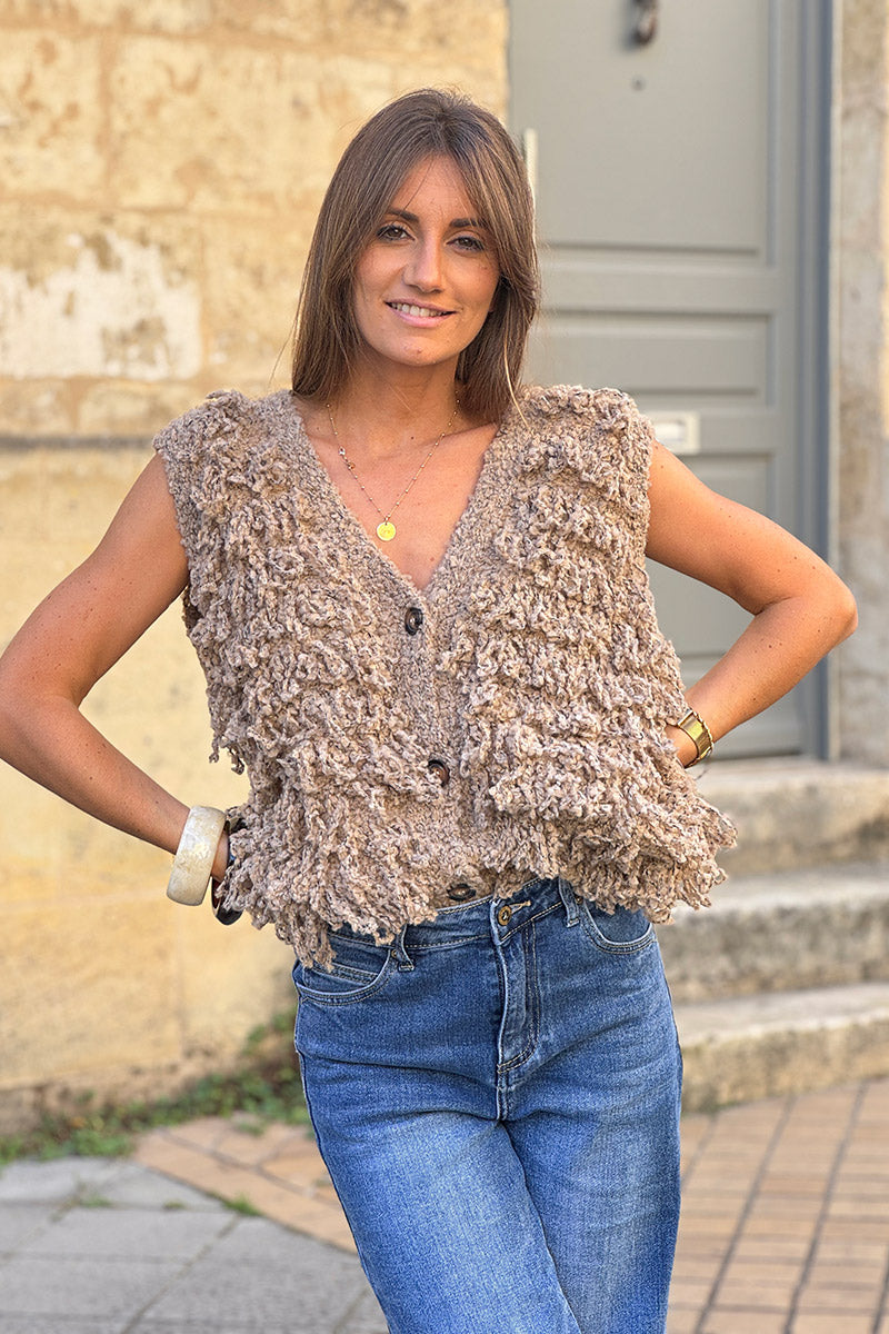 Taupe Sherpa Fringe Wool Blend Knit Vest