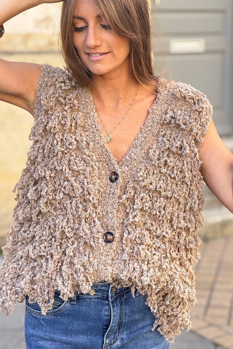 Taupe Sherpa Fringe Wool Blend Knit Vest
