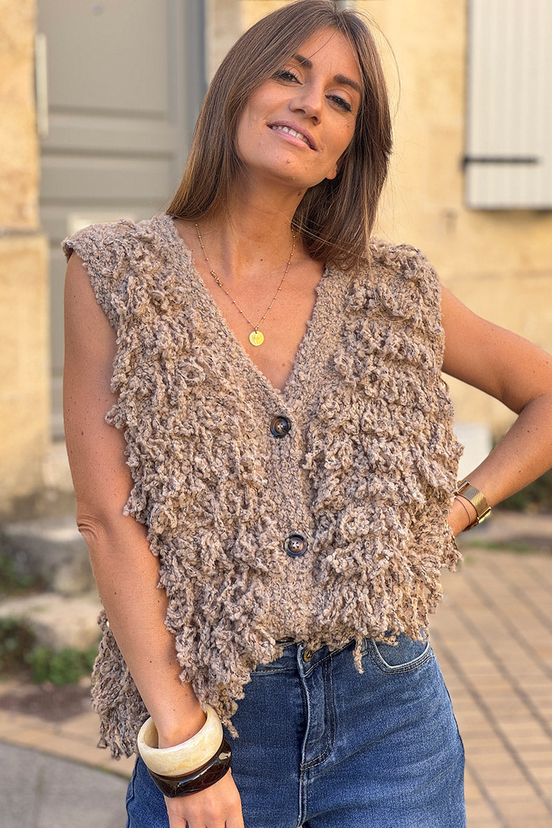 Taupe Sherpa Fringe Wool Blend Knit Vest