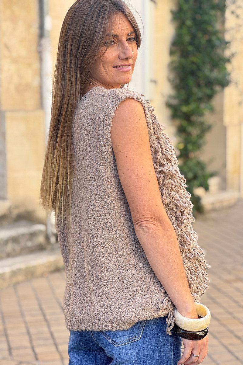 Taupe Sherpa Fringe Wool Blend Knit Vest