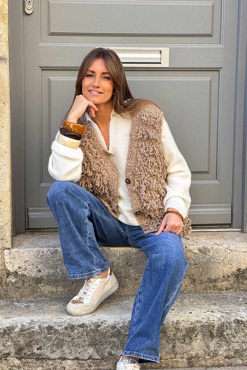 Taupe Sherpa Fringe Wool Blend Knit Vest