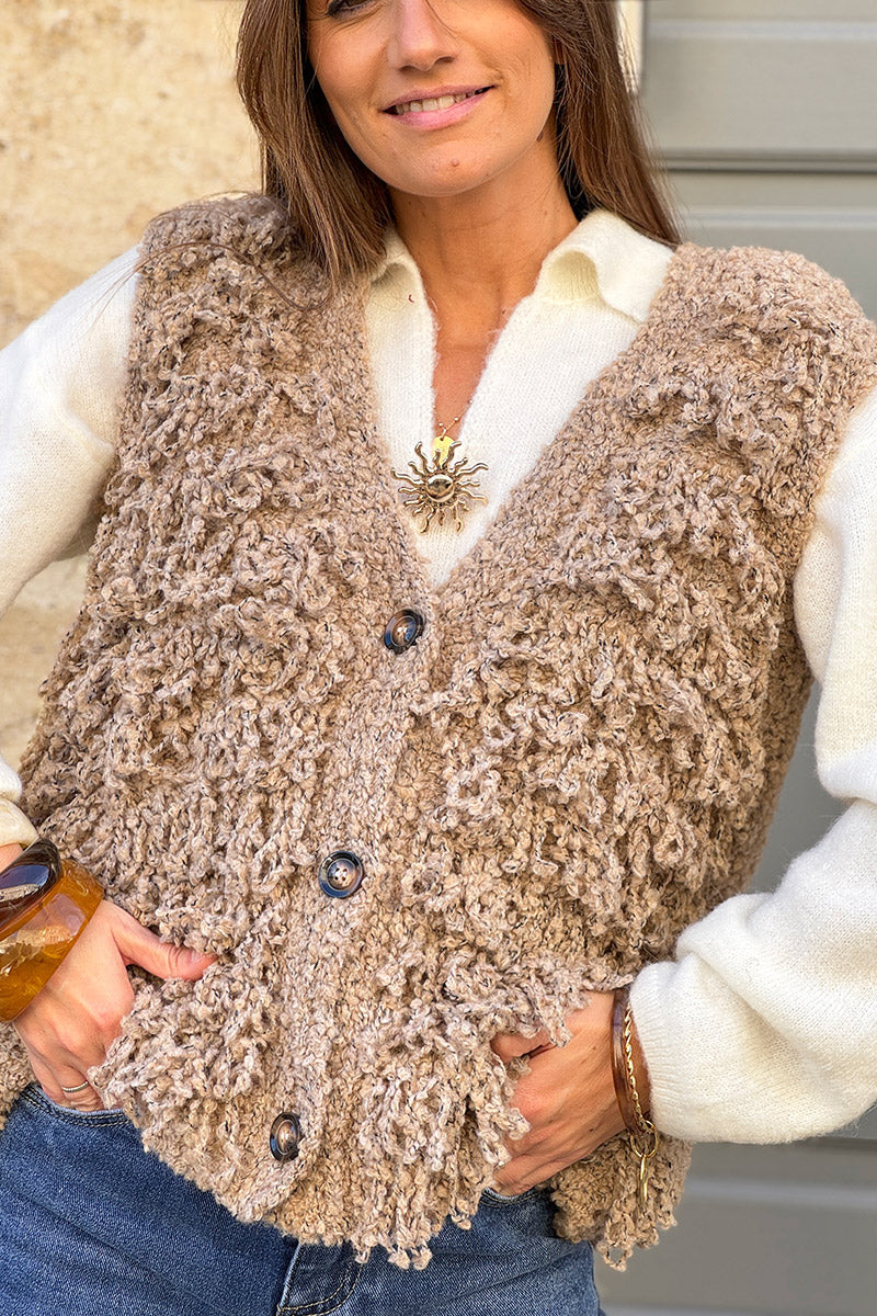 Taupe Sherpa Fringe Wool Blend Knit Vest