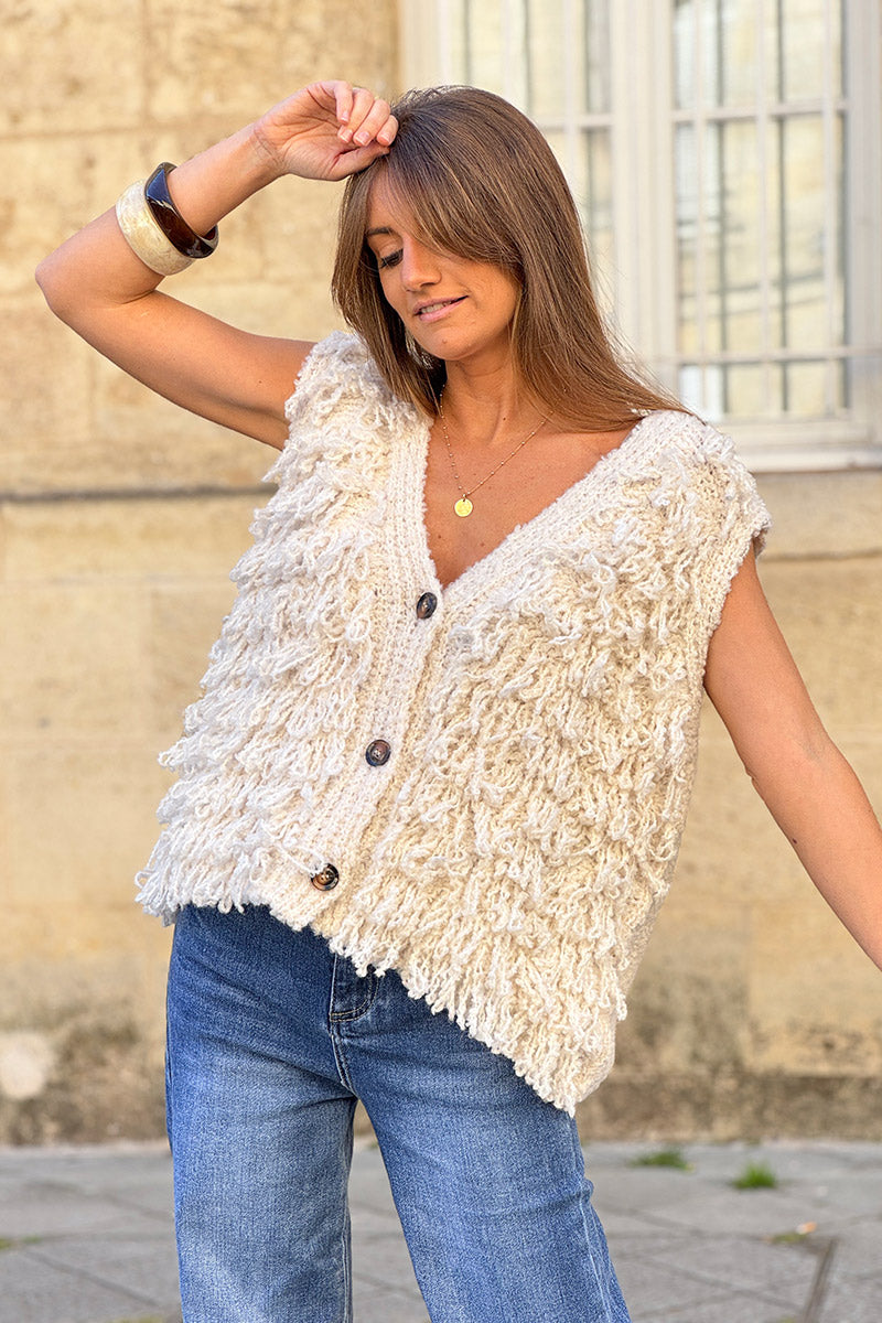 Cream Sherpa Fringe Wool Blend Knit Vest
