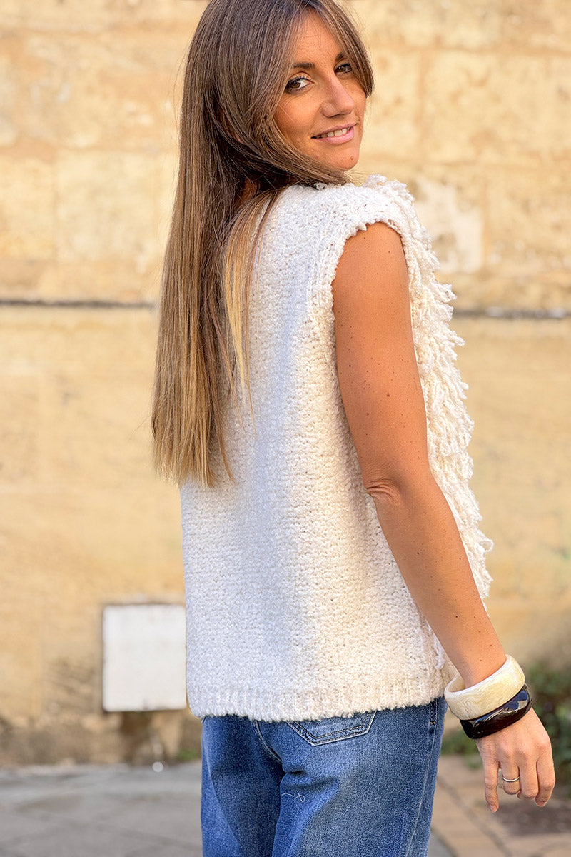 Cream Sherpa Fringe Wool Blend Knit Vest