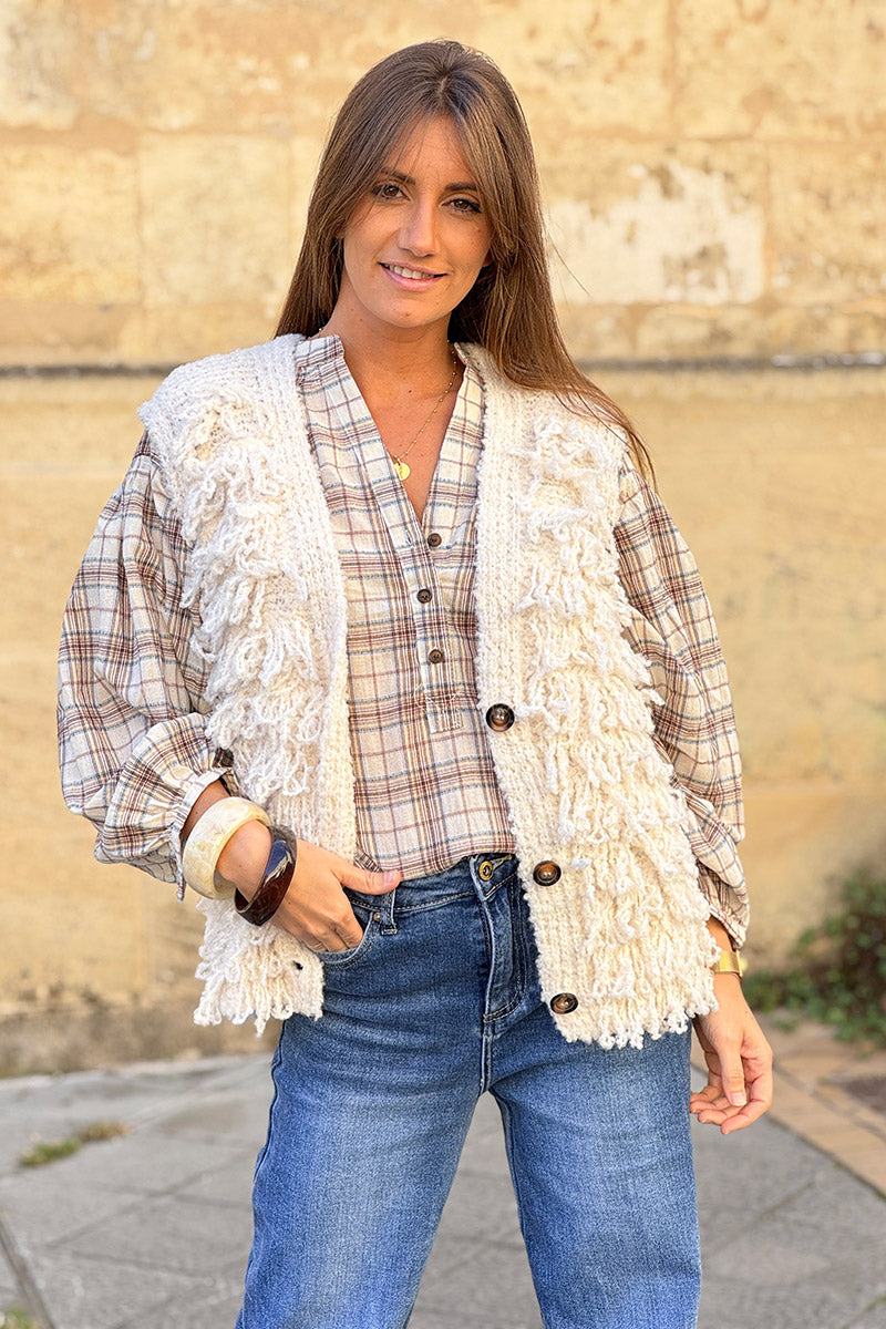 Cream Plaid Cotton Split Neck Blouse