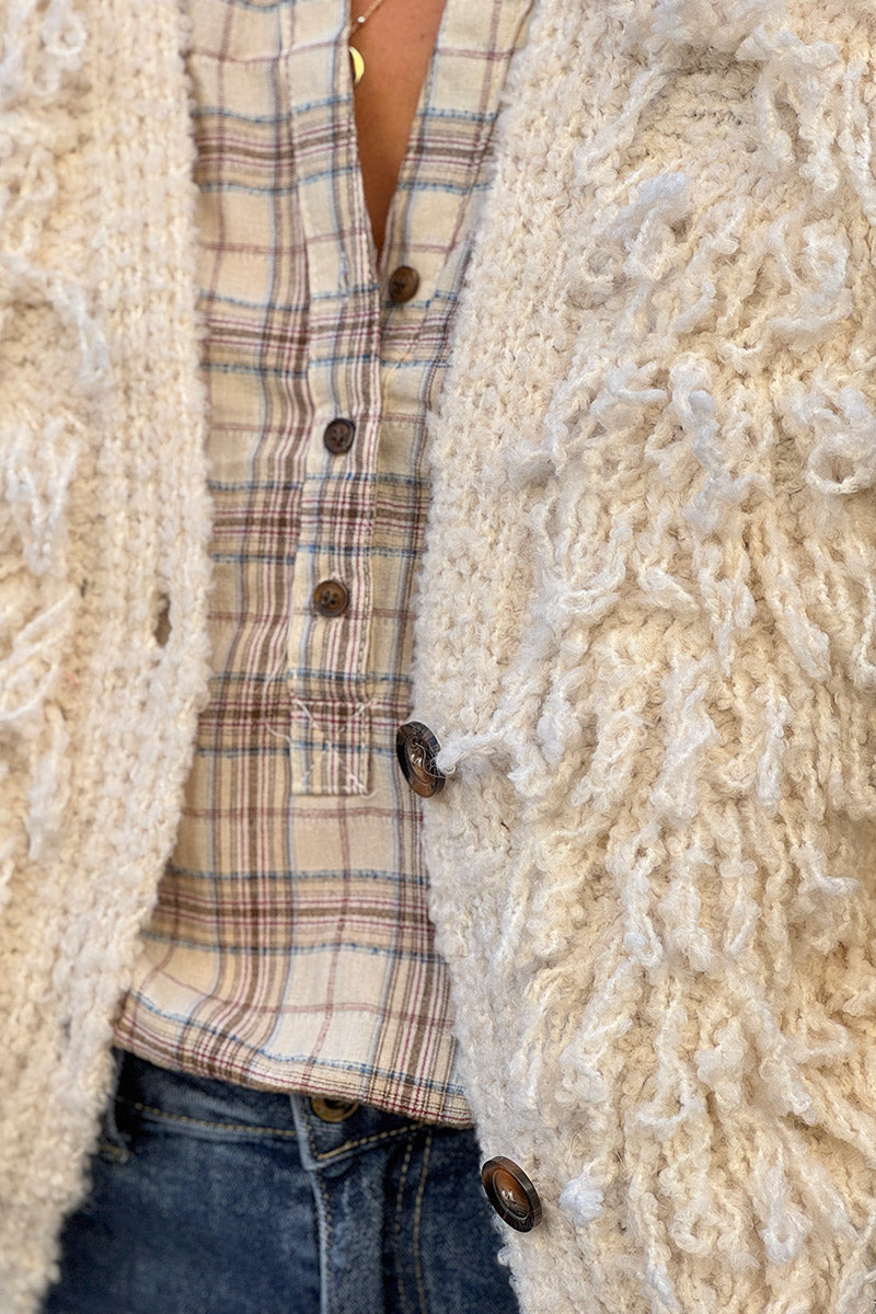 Cream Sherpa Fringe Wool Blend Knit Vest