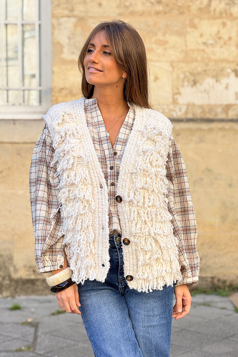 Cream Sherpa Fringe Wool Blend Knit Vest