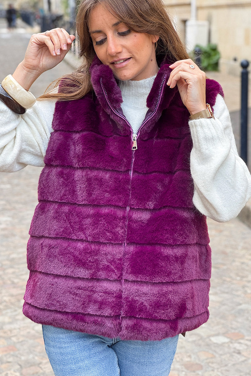Burgundy Faux Fur Zip Front Vest