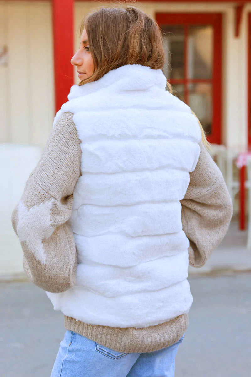 White Faux Fur Zip Front Vest