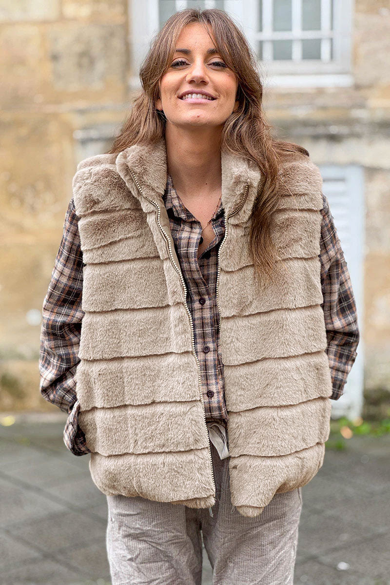 Taupe Faux Fur Zip Front Vest
