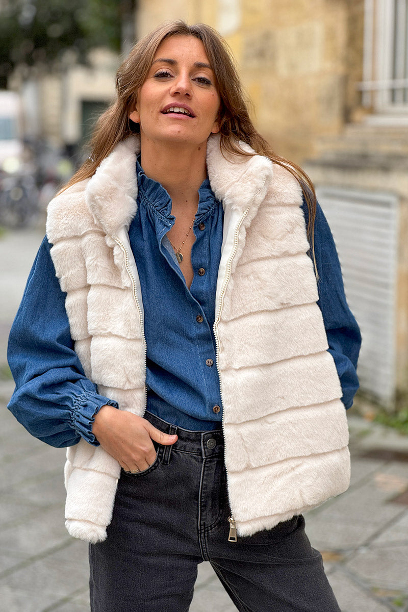 Cream Faux Fur Zip Front Vest