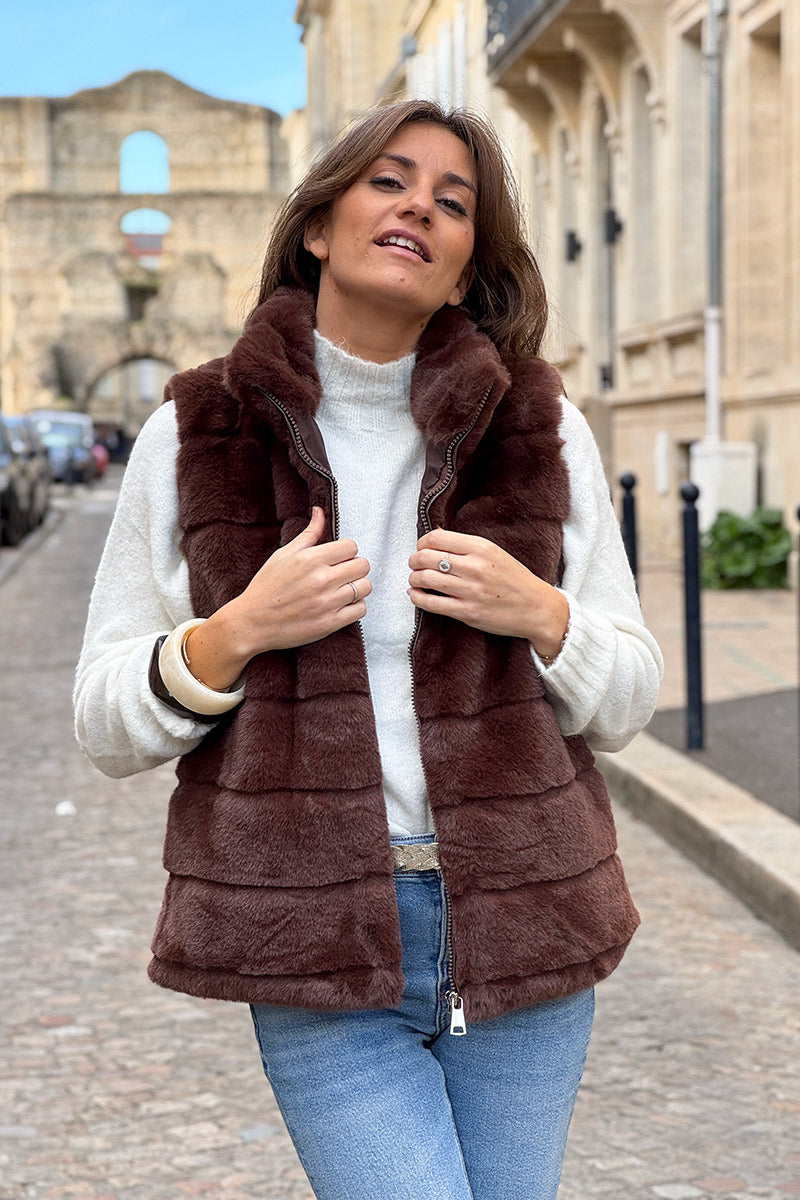 Brown Faux Fur Zip Front Vest