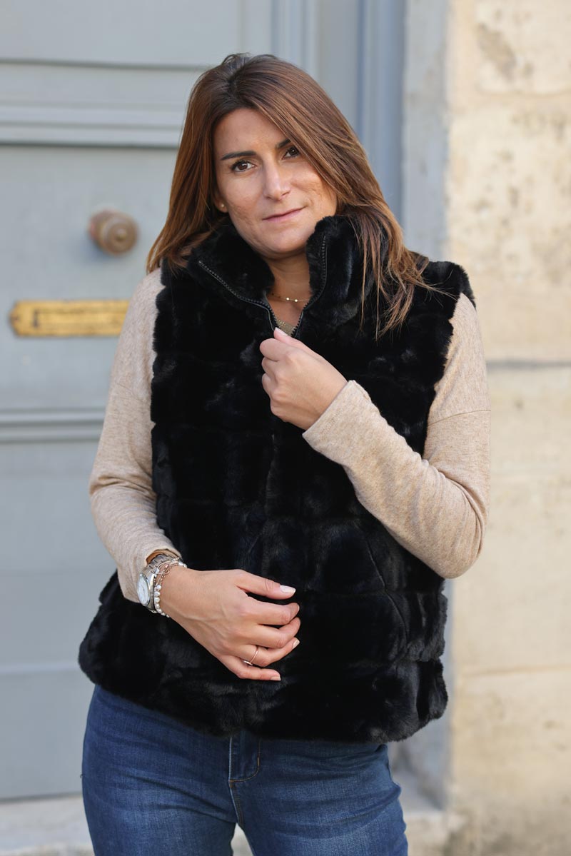 Black Faux Fur Zip Front Vest