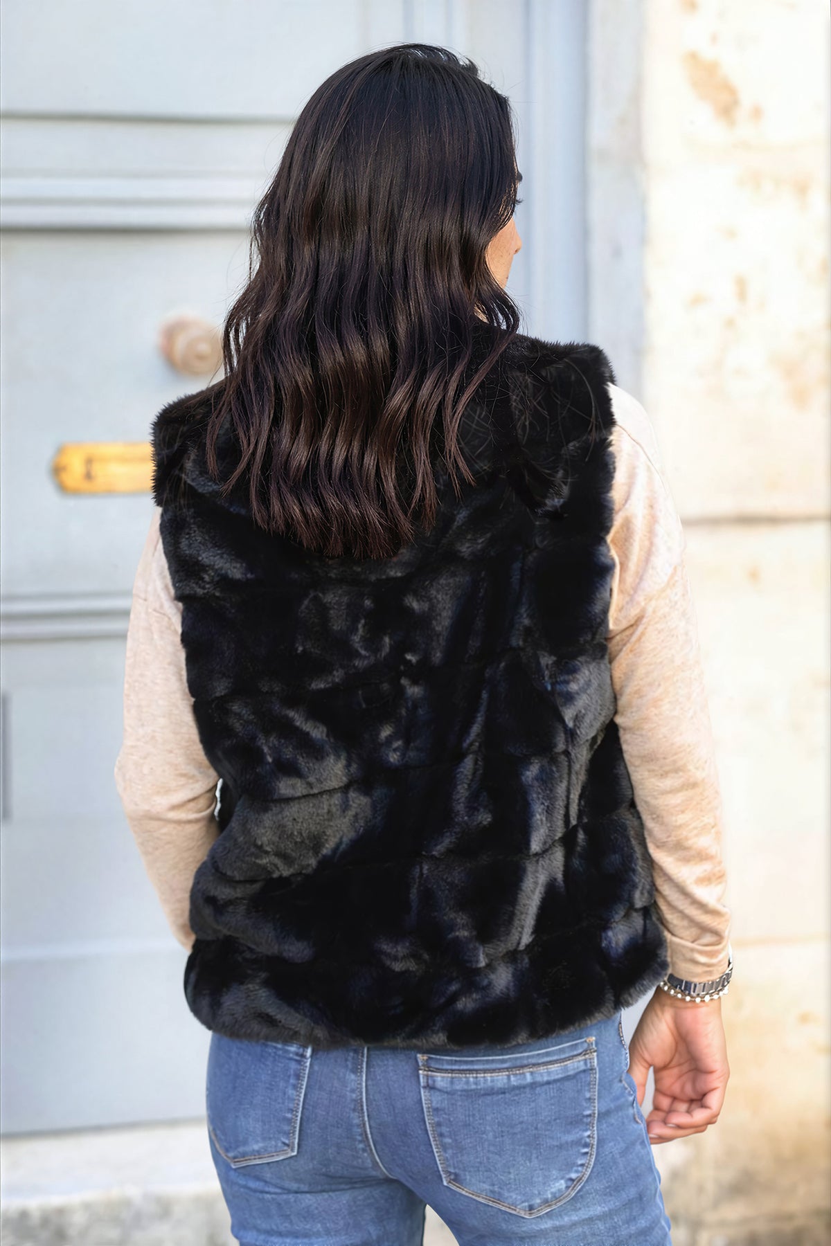 Black Faux Fur Zip Front Vest