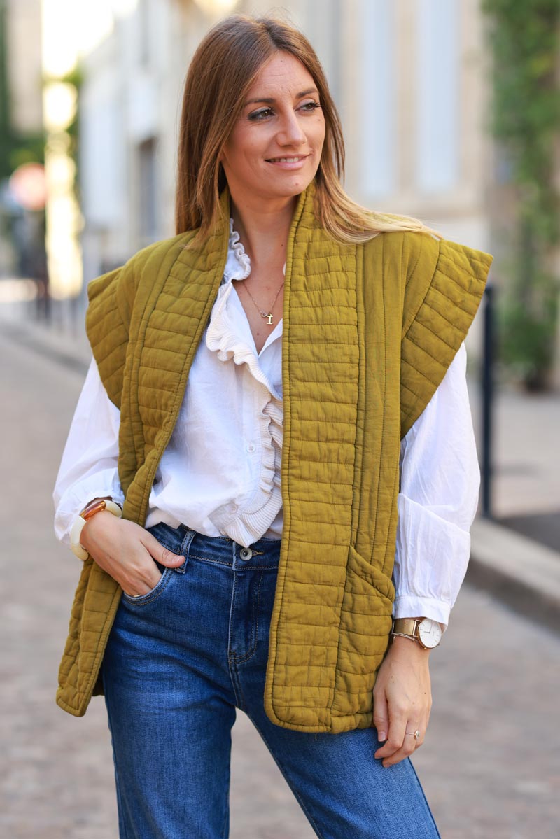 Khaki straight cut gilet in crinkle cotton gauze - Horizons Lointains